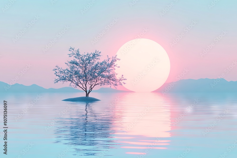 Minimalistic Pastel Sunset with a Large Moon and Tree on Reflective Water. AI generated illustration Minimalistic Pastel Sunset with a Large Moon and Tree on Reflective Water. AI generated illustration