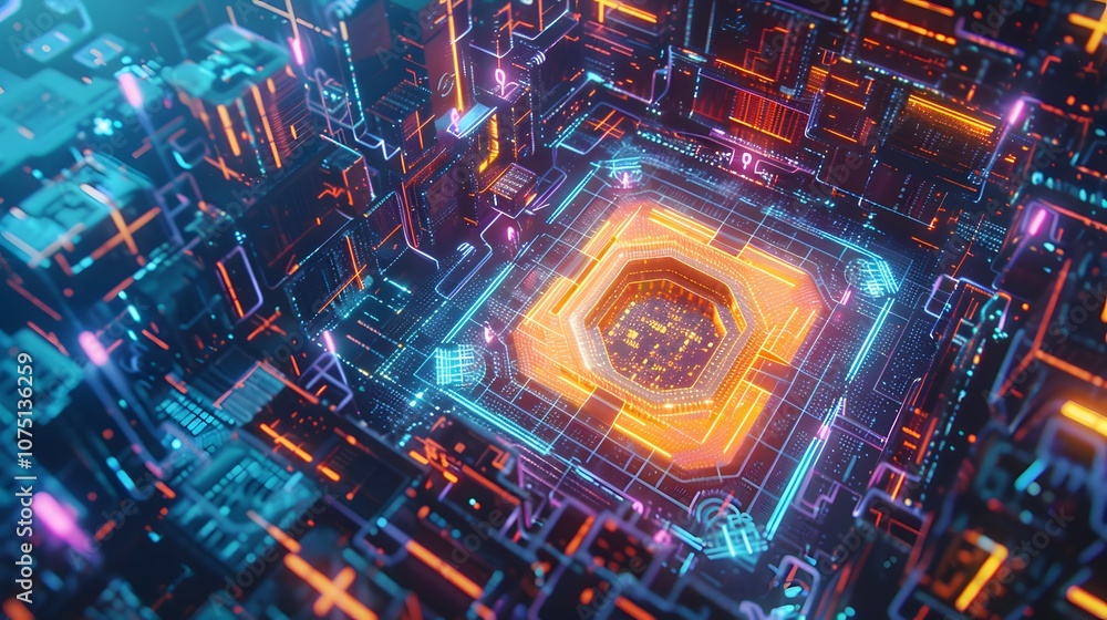 A computer generated image of a futuristic cityscape with neon lights and a blue square in the center A computer generated image of a futuristic cityscape with neon lights and a blue square in the center