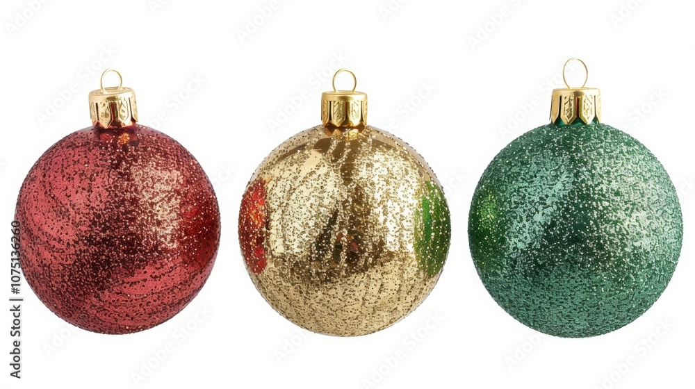 A set of glittery Christmas ornaments in red, green, and gold, isolated on white background A set of glittery Christmas ornaments in red, green, and gold, isolated on white background