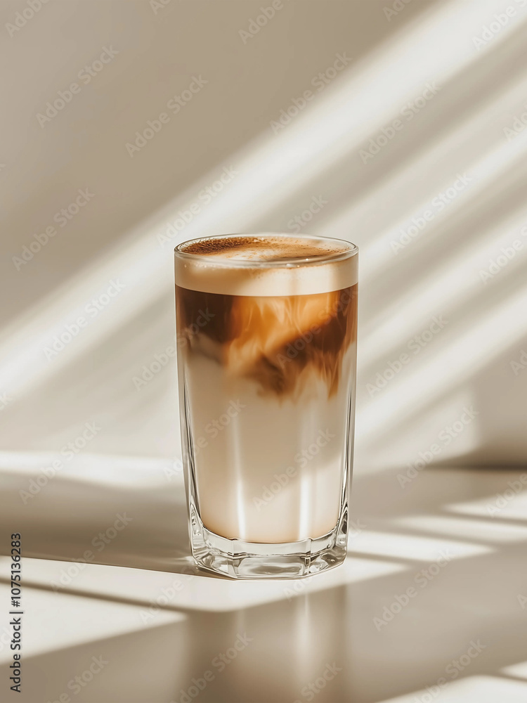 Ice latte coffee on the table in the white restaurant background with natural light. Ice latte coffee on the table in the white restaurant background with natural light.
