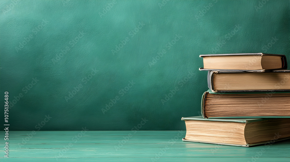 Stack of Books on Green Table with Green Background, pile, education, knowledge, learning, library Stack of Books on Green Table with Green Background, pile, education, knowledge, learning, library