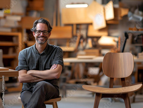 Smiling furniture maker in workshop, seated next to handmade wooden chair, surrounded by woodworking tools