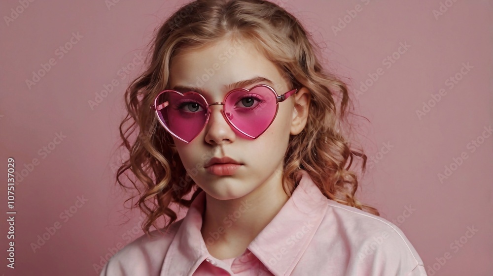 Sad girl with heart-shaped pink glasses Sad girl with heart-shaped pink glasses