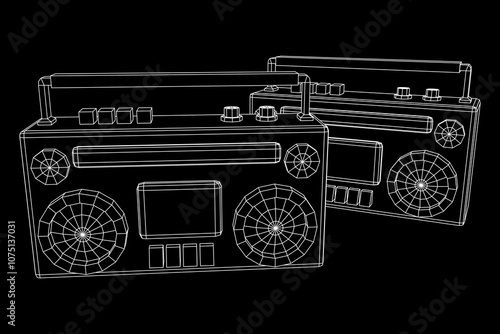 Retro Boombox outdated portable cassette tape recorder. Wireframe low poly mesh vector illustration.