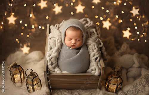 A peaceful newborn sleeping in a cozy basket surrounded by soft blankets and twinkling lights photo