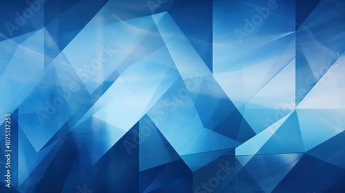 Contemporary abstract background in varying shades of blue, transitioning from dark to light. Layered with textured white transparent materials that form geometric shapes such as triangles