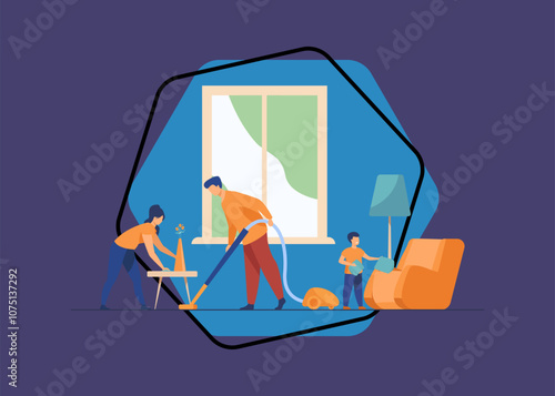 Happy family housekeeping together flat vector illustration. Daughter, mother and father working for household and clean home. Housekeeping and house concept
