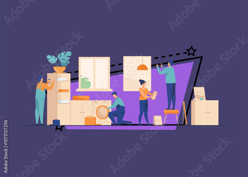 Handyman working at customer home. Repair man fixing washing machine, hammering nails. Vector illustration for housekeeping, household, service concept