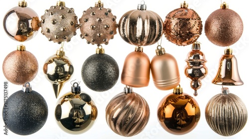 A set of shiny Christmas decorations including bells and baubles, isolated on white background