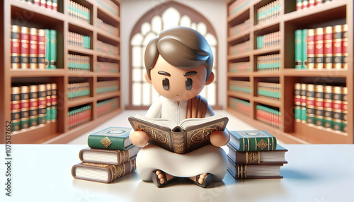 3D Candid Scholar Reading Ancient Texts in Grand Library, Spiritual Wisdom, Isra Miraj Concept, Ample Copy Space for Branding, Cute Chibi Icon Isolated, Knowledge Pursuit, Library Atmosphere