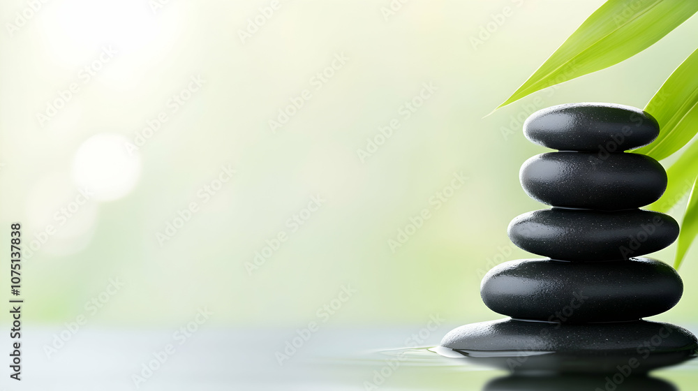Zen Stones and Bamboo Leaves in Water, rocks, pebbles, spa, wellness, relaxation Zen Stones and Bamboo Leaves in Water, rocks, pebbles, spa, wellness, relaxation