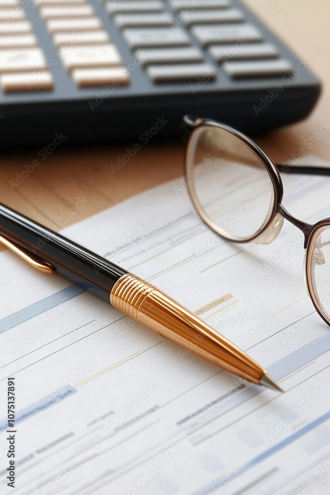 A pen and a pair of glasses are on top of a piece of paper. The pen is black and gold, and the glasses are brown. Concept of professionalism and focus, as the pen A pen and a pair of glasses are on top of a piece of paper. The pen is black and gold, and the glasses are brown. Concept of professionalism and focus, as the pen
