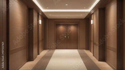 A fire rated door subtly integrated into the luxurious wooden paneling of a hotel corridor