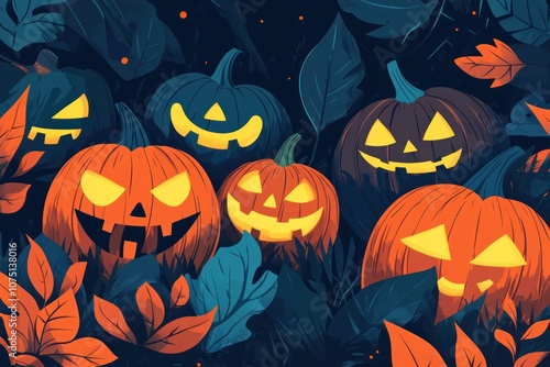 Flat vector illustration of a Halloween-themed banner filled with eerie pumpkin lanterns, showcasing creepy expressions and glowing features.