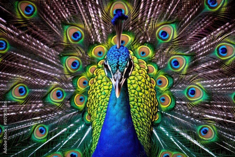 Obraz premium Intimate close-up of a male peacock flaunting its colorful plumage, showcasing the unique eye spots and the vivid gradient of colors ranging from deep blues to bright greens.