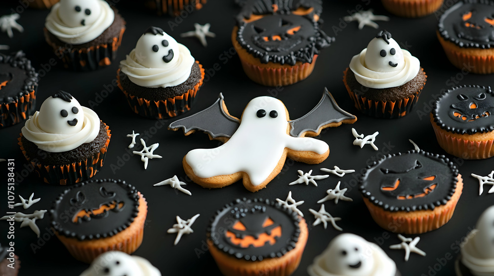 Obraz premium Spooky Halloween Cupcakes and Cookies, ghost, pumpkin, scary, treat, dessert