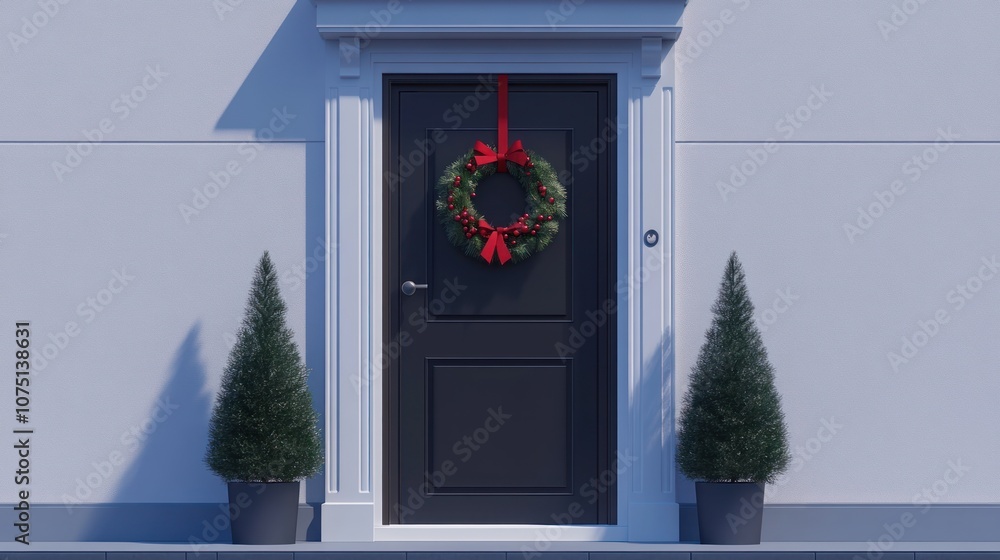 Fototapeta premium A festive front door adorned with a wreath and flanked by potted evergreen trees.