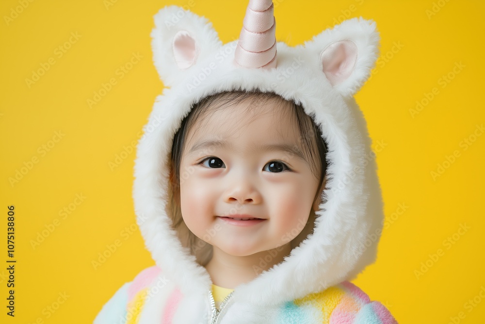A young child wearing a unicorn costume is smiling for the camera. The child's outfit is colorful and playful, and the yellow background adds a cheerful touch to the image A young child wearing a unicorn costume is smiling for the camera. The child's outfit is colorful and playful, and the yellow background adds a cheerful touch to the image