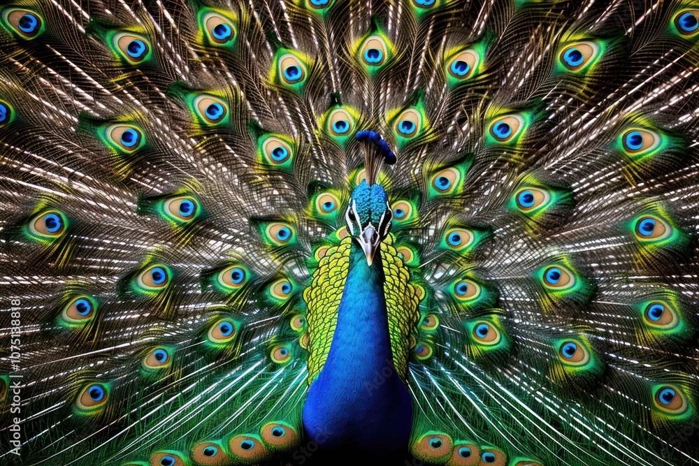Obraz premium Striking close-up portrait of a male peacock with its magnificent tail feathers fully displayed, featuring a spectacular array of blue, green, and gold hues.