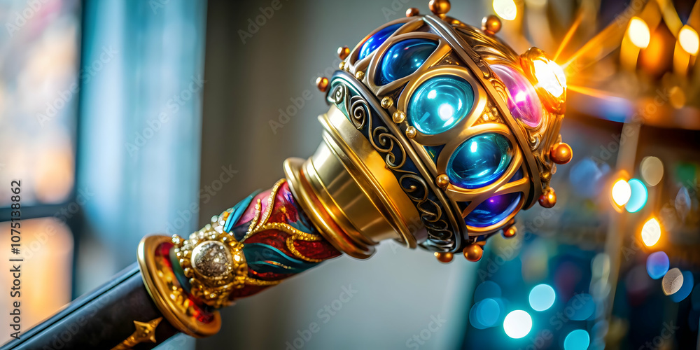 Fototapeta premium Macro Shot Reyes Magos Glowing Staff Intimate Photograph Craftsmanship Light Space for Text Magazine Ads Banners Stock Photo Concept Emphasizing Detail and Glow in Photo Stock