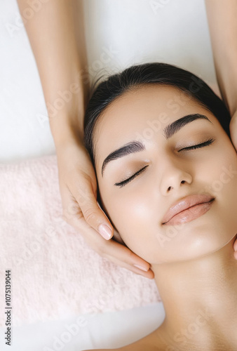 Indian woman lying on a massage table with a white background, enjoying a facial massage in a beauty salon.