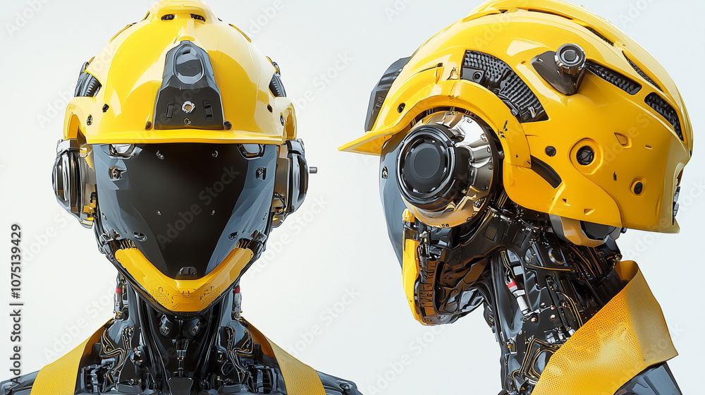 A futuristic robot design featuring a striking yellow helmet and intricate mechanical details. A futuristic robot design featuring a striking yellow helmet and intricate mechanical details.