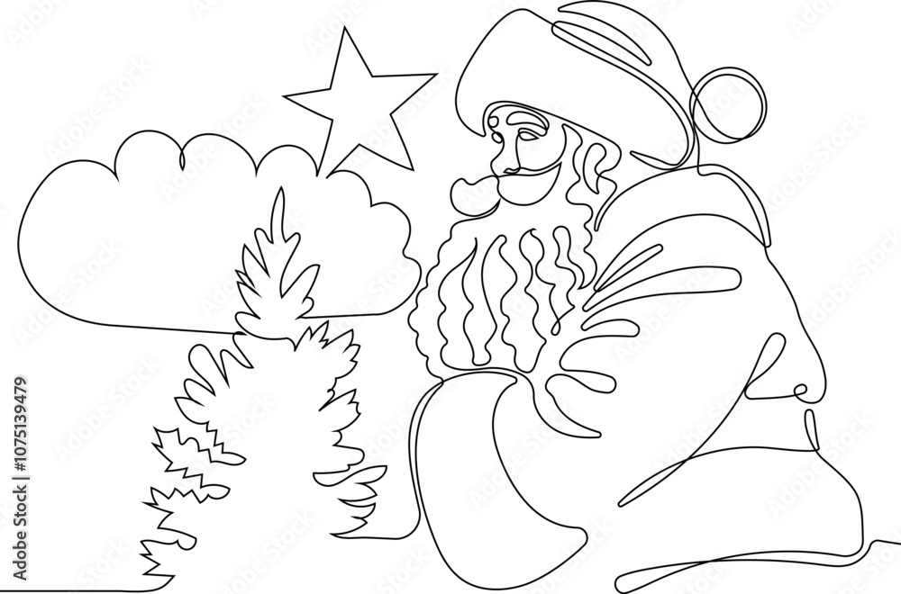 Character With A Sack Full Of Gifts. Vector Hand Drawn Illustration. One continuous line drawing Santa Claus on reindeer and sled. concept for Christmas and New Year Character With A Sack Full Of Gifts. Vector Hand Drawn Illustration. One continuous line drawing Santa Claus on reindeer and sled. concept for Christmas and New Year
