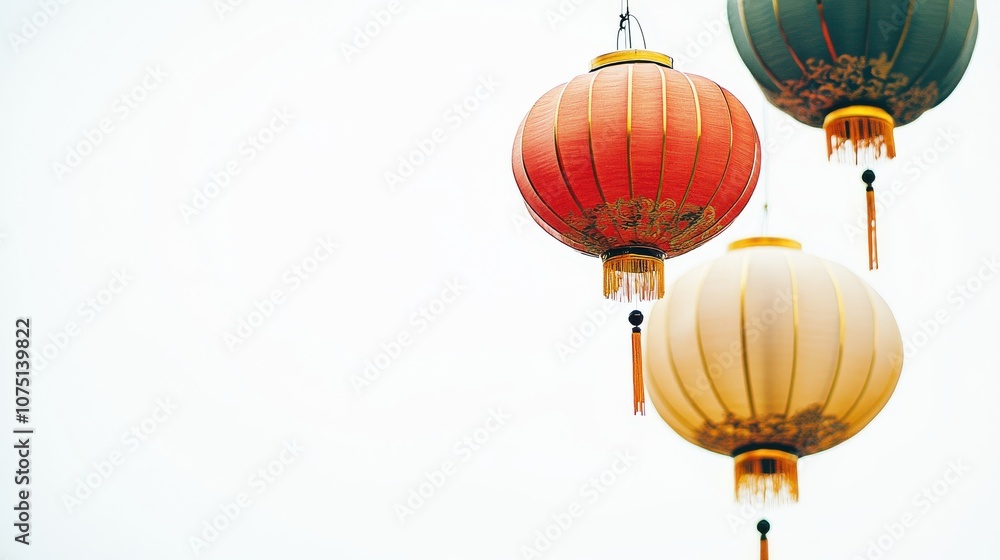 Obraz premium Colorful lanterns hanging against a pale sky, symbolizing tradition and celebration.