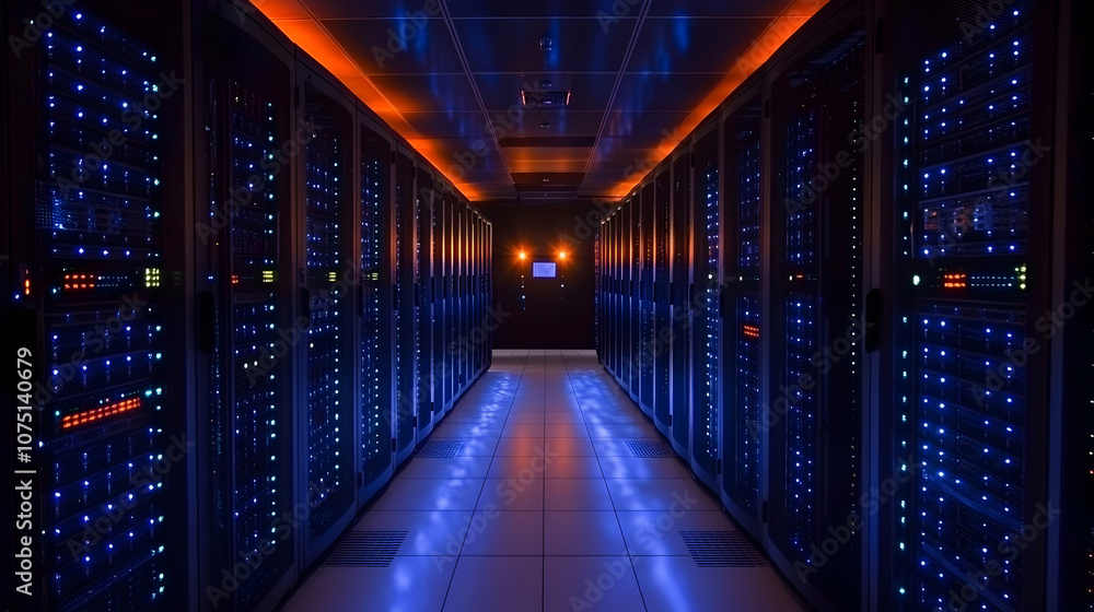 Fototapeta premium Server Room with Blue Lights, data center, data storage, servers, racks, technology
