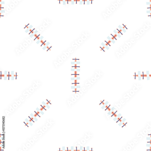 Seamless pattern of surgical stitches with blue thread and light blue bandages repeating on a white background