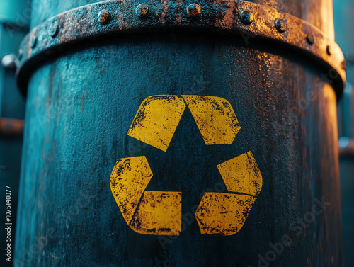 Close up of weathered container with recycling symbol, showcasing sustainability photo