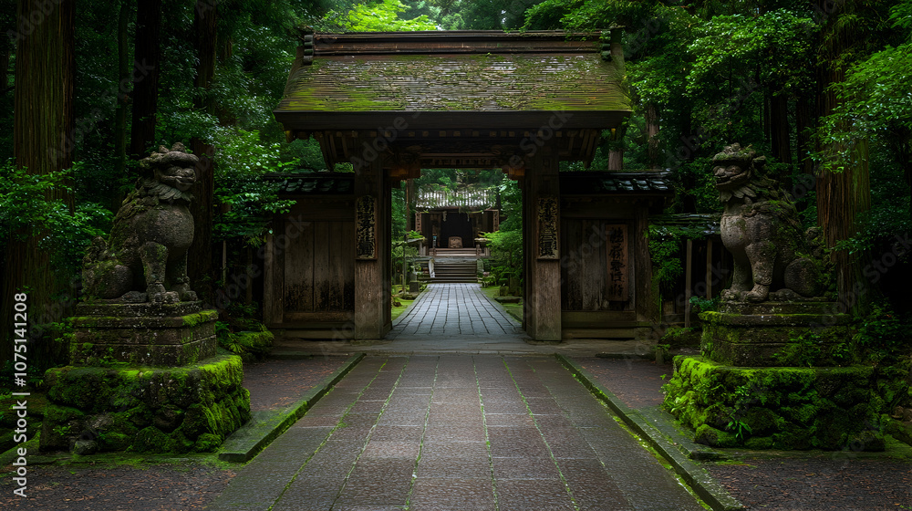 Ancient Japanese Temple Gate with Stone Guardians, Lions, Shrine, Architecture, History, Tradition Ancient Japanese Temple Gate with Stone Guardians, Lions, Shrine, Architecture, History, Tradition
