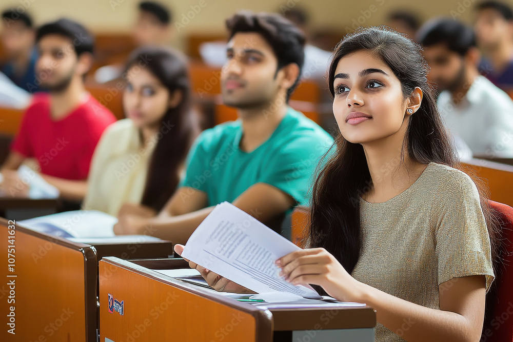 Indian college students in a lecture hall, sitting at desks and listening to the teacher while holding papers or notes Indian college students in a lecture hall, sitting at desks and listening to the teacher while holding papers or notes
