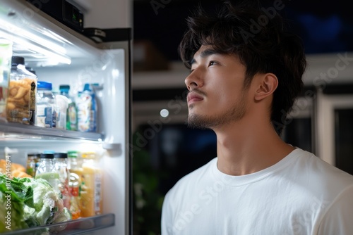 A young man stands in front of an open fridge, lit by its glow, assessing his snack options. The scene captures a moment of quiet contemplation and choice.