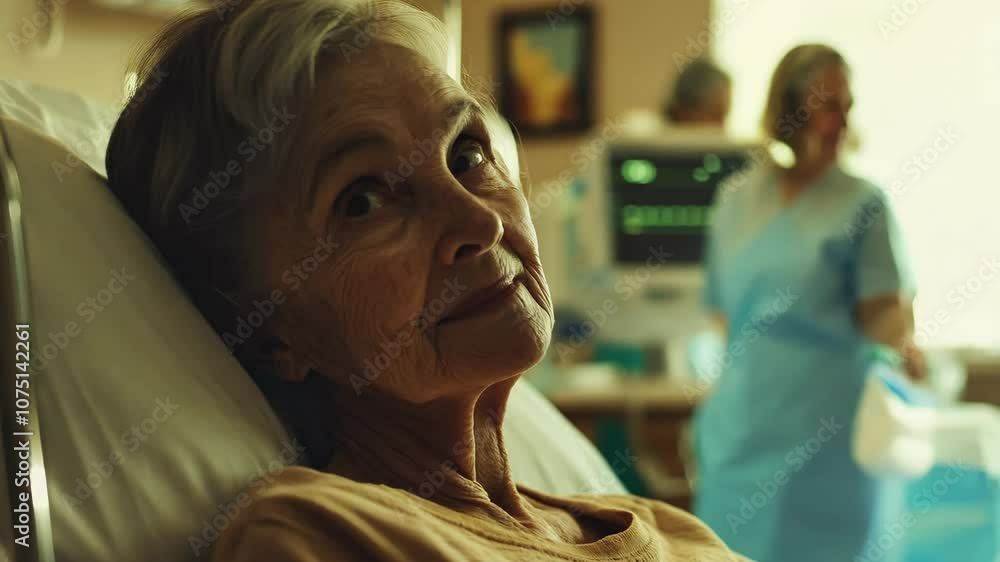 A woman in a hospital bed with a doctor standing behind her A woman in a hospital bed with a doctor standing behind her