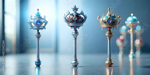 Detailed close up of Reyes Magos ceremonial scepters showcasing ornate designs and cultural significance, ideal for magazine ads or banners with copy space for promotional content.