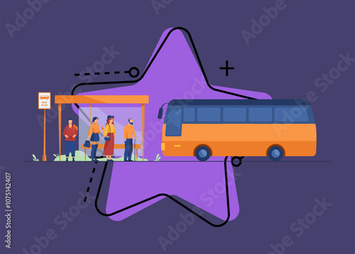 Passengers waiting for public transport at bus stop flat vector illustration. Cartoon characters using auto. Transportation and conveyance concept.
