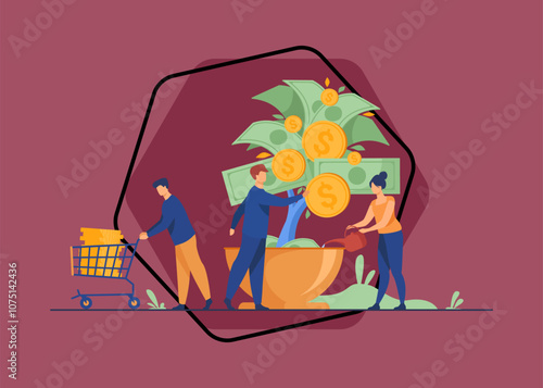 People growing money tree. Investors watering plant with cash, getting revenue. Vector illustration for business, finance, investment, growth, prosperity concept