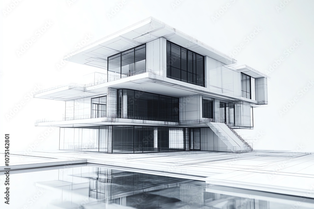 A minimalist modern house design with a swimming pool and large windows. A minimalist modern house design with a swimming pool and large windows.