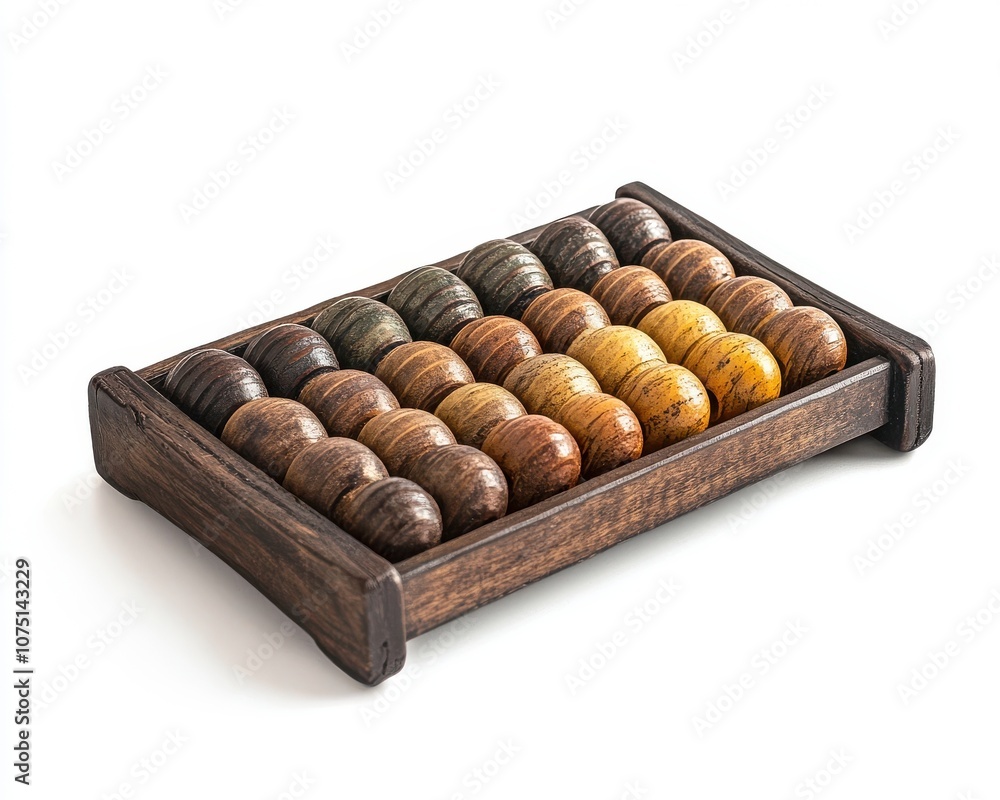 Colorful wooden game pieces arranged neatly on a rustic tray, perfect for games. Colorful wooden game pieces arranged neatly on a rustic tray, perfect for games.