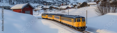 A yellow train navigates through a snowy landscape with quaint houses in the background.