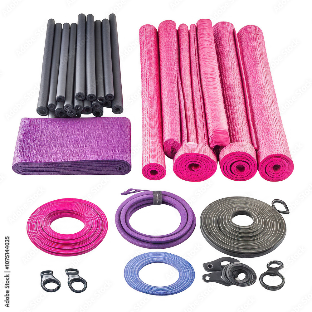 Naklejka premium Assorted Fitness Equipment: Exercise Mats, Resistance Bands, and Foam Rollers
