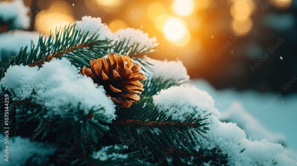 Cozy Winter Evening with Gentle Christmas Music, Snow-Covered Pine Cone Under a Golden Sunset, Festive Holiday Atmosphere Cozy Winter Evening with Gentle Christmas Music, Snow-Covered Pine Cone Under a Golden Sunset, Festive Holiday Atmosphere