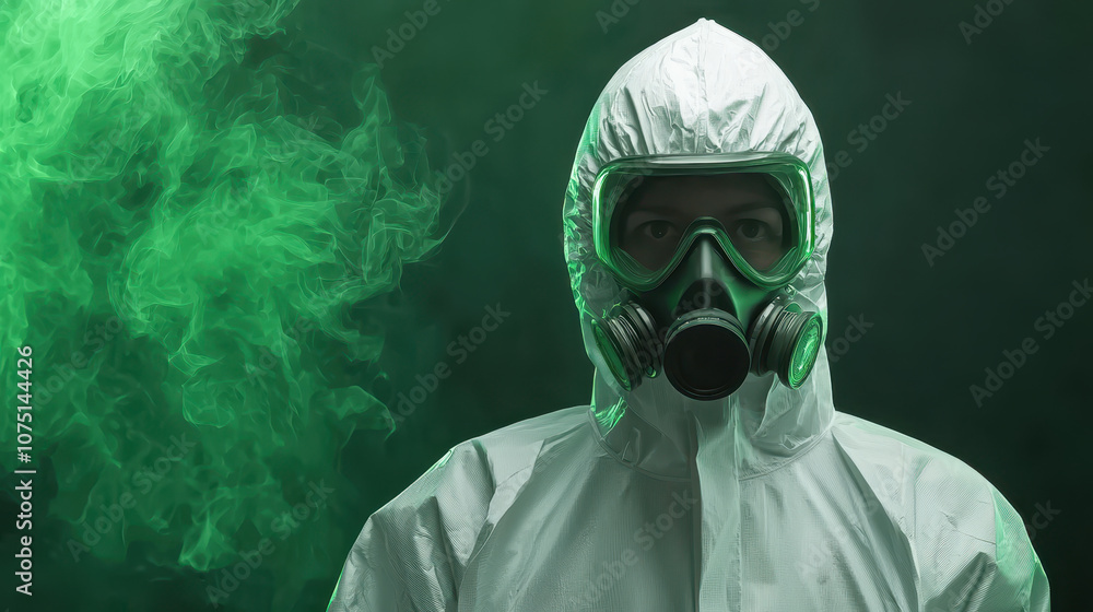 Scientist in hazmat suit with gas mask, surrounded by green smoke Scientist in hazmat suit with gas mask, surrounded by green smoke