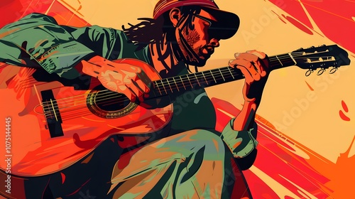 A man playing a guitar with a hat on. The man is playing the guitar in a colorful and artistic style
