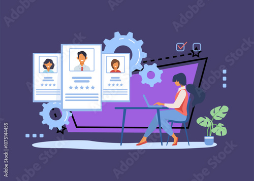 Recruit agent analyzing candidates. HR manager studying employees profiles on internet flat vector illustration. Rate, staff, human resource concept for banner, website design or landing web page