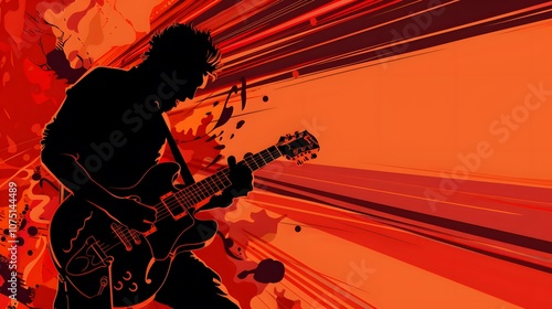 A man playing a guitar with a hat on. The man is playing the guitar in a colorful and artistic style