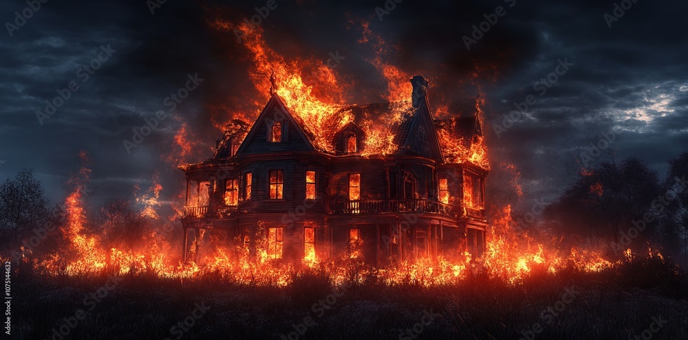 Haunting Flames Consume a Mysterious Old Mansion. AI generated illustration Haunting Flames Consume a Mysterious Old Mansion. AI generated illustration