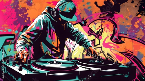 A man is playing a DJ set with three turntables. The image is colorful and vibrant, with a graffiti background. The man is wearing a hat and he is focused on his music