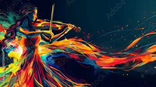 A colorful painting of a woman playing the violin. The painting is vibrant and full of life, with the woman's dress and the violin adding to the overall sense of energy and movement